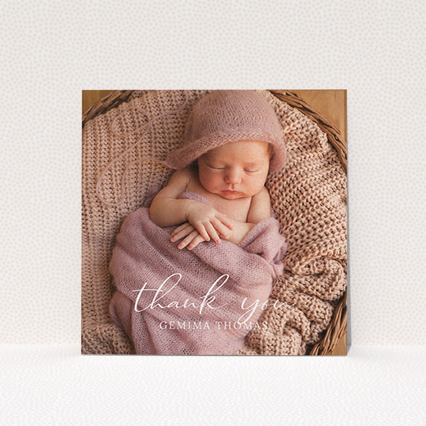 A baptism thank you card named "Classic Thank You". It is a square (148mm x 148mm) card in a square orientation. It is a photographic baptism thank you card with room for 1 photo. "Classic Thank You" is available as a flat card, with mainly white colouring.