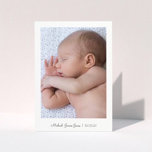 A baptism thank you card template titled "Classic Thank You with Photo". It is an A5 card in a portrait orientation. It is a photographic baptism thank you card with room for 1 photo. "Classic Thank You with Photo" is available as a folded card, with mainly white colouring.