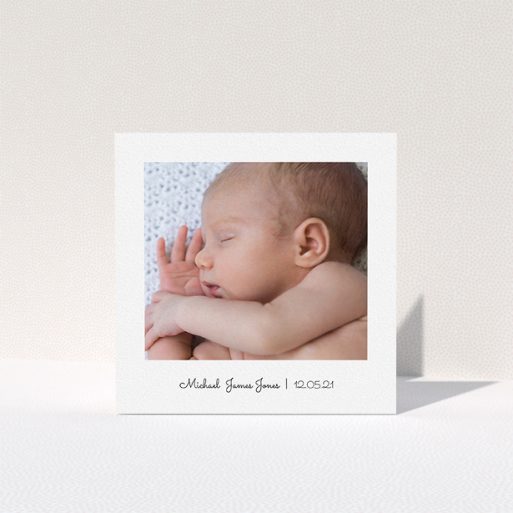 A baptism thank you card named "Classic Thank You with Photo". It is a square (148mm x 148mm) card in a square orientation. It is a photographic baptism thank you card with room for 1 photo. "Classic Thank You with Photo" is available as a folded card, with mainly white colouring.