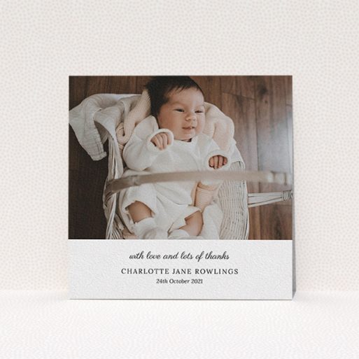 A baptism thank you card design called "Classic Wedding Thanks". It is a square (148mm x 148mm) card in a square orientation. It is a photographic baptism thank you card with room for 1 photo. "Classic Wedding Thanks" is available as a flat card, with mainly white colouring.