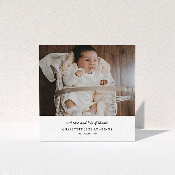 A baptism thank you card template titled "Classic Wedding Thanks". It is a square (148mm x 148mm) card in a square orientation. It is a photographic baptism thank you card with room for 1 photo. "Classic Wedding Thanks" is available as a folded card, with mainly white colouring.