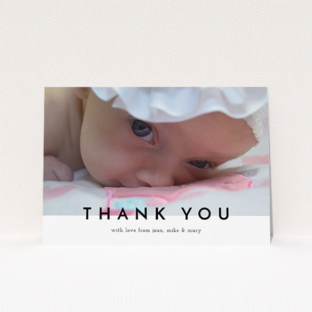 A baptism thank you card design named "Cross Border". It is an A5 card in a landscape orientation. It is a photographic baptism thank you card with room for 1 photo. "Cross Border" is available as a flat card, with mainly white colouring.