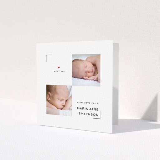 A baptism thank you card design called 'Framed'. It is a square (148mm x 148mm) card in a square orientation. It is a photographic baptism thank you card with room for 2 photos. 'Framed' is available as a folded card, with tones of white and red.
