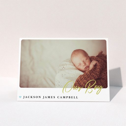 Christening Thank You Card - Gold Stamp (Baby Boy) A baptism thank you card named "Gold Stamp". It is an A6 card in a landscape orientation. It is a photographic baptism thank you card with room for 1 photo. "Gold Stamp" is available as a folded card, with tones of white and blue.