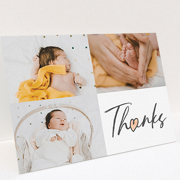 A baptism thank you card design titled "Handwritten Heart". It is an A6 card in a landscape orientation. It is a photographic baptism thank you card with room for 3 photos. "Handwritten Heart" is available as a folded card, with tones of black and white.