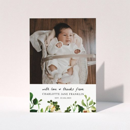Baptism Thank You Card Design - "Kew Gardens" A baptism thank you card design called "Kew Gardens". It is an A5 card in a portrait orientation. It is a photographic baptism thank you card with room for 1 photo. "Kew Gardens" is available as a folded card, with mainly pink colouring.
