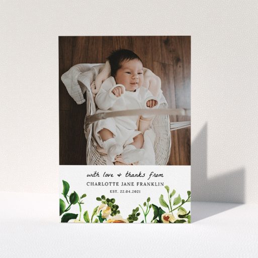 A baptism thank you card design called "Kew Gardens". It is an A5 card in a portrait orientation. It is a photographic baptism thank you card with room for 1 photo. "Kew Gardens" is available as a folded card, with mainly pink colouring.