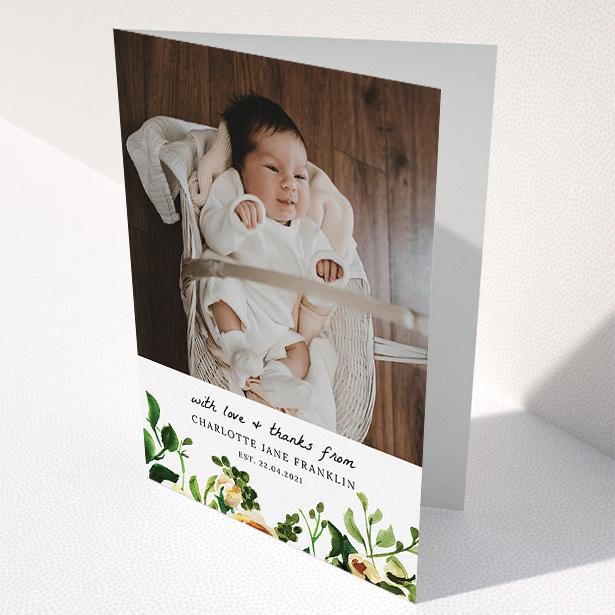 A baptism thank you card design called "Kew Gardens". It is an A5 card in a portrait orientation. It is a photographic baptism thank you card with room for 1 photo. "Kew Gardens" is available as a folded card, with mainly pink colouring.