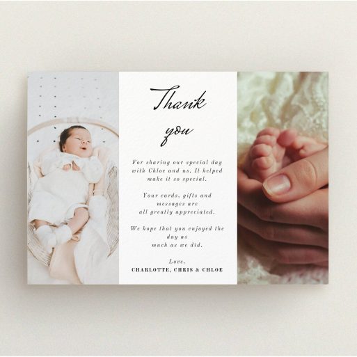 A baptism thank you card design called "Landscape Sandwich Frame". It is an A5 card in a landscape orientation. It is a photographic baptism thank you card with room for 2 photos. "Landscape Sandwich Frame" is available as a flat card, with mainly white colouring.