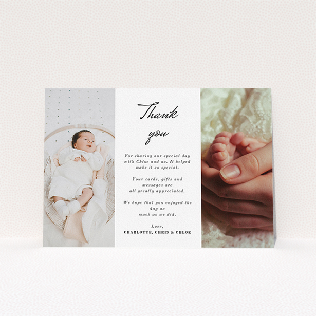 A baptism thank you card design called "Landscape Sandwich Frame". It is an A5 card in a landscape orientation. It is a photographic baptism thank you card with room for 2 photos. "Landscape Sandwich Frame" is available as a flat card, with mainly white colouring.