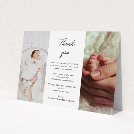A baptism thank you card design called 'Landscape Sandwich Frame'. It is an A5 card in a landscape orientation. It is a photographic baptism thank you card with room for 2 photos. 'Landscape Sandwich Frame' is available as a flat card, with mainly white colouring.
