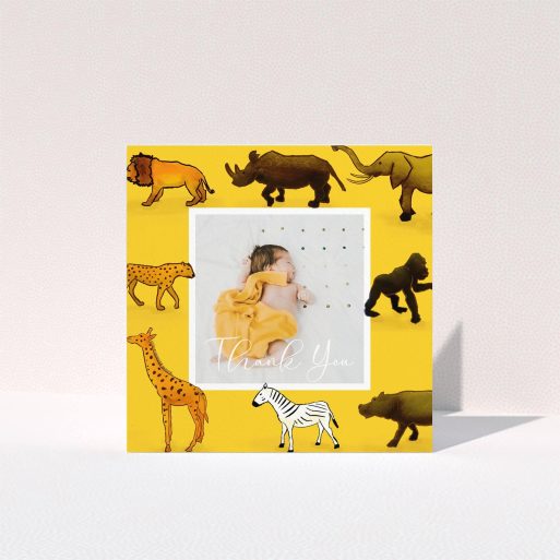 A baptism thank you card called "Little Safari". It is a square (148mm x 148mm) card in a square orientation. It is a photographic baptism thank you card with room for 1 photo. "Little Safari" is available as a folded card, with tones of yellow, orange and brown.