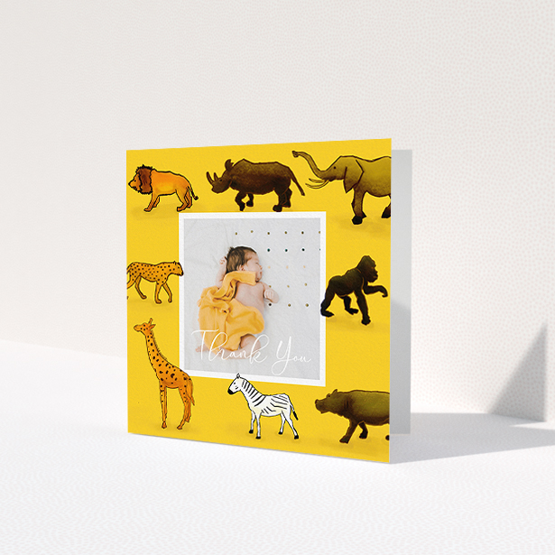 A baptism thank you card called 'Little Safari'. It is a square (148mm x 148mm) card in a square orientation. It is a photographic baptism thank you card with room for 1 photo. 'Little Safari' is available as a folded card, with tones of yellow, orange and brown.
