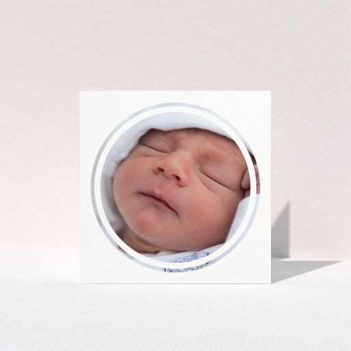 A baptism thank you card design called "Modern Circle Frame". It is a square (148mm x 148mm) card in a square orientation. It is a photographic baptism thank you card with room for 1 photo. "Modern Circle Frame" is available as a folded card, with mainly white colouring.
