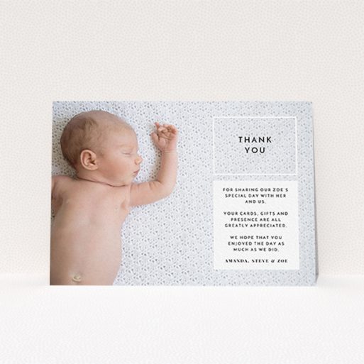 A baptism thank you card named "Modern Side Frame". It is an A6 card in a landscape orientation. It is a photographic baptism thank you card with room for 1 photo. "Modern Side Frame" is available as a flat card, with mainly black colouring.