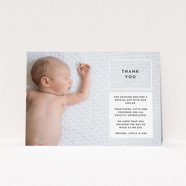 A baptism thank you card named "Modern Side Frame". It is an A6 card in a landscape orientation. It is a photographic baptism thank you card with room for 1 photo. "Modern Side Frame" is available as a flat card, with mainly black colouring.