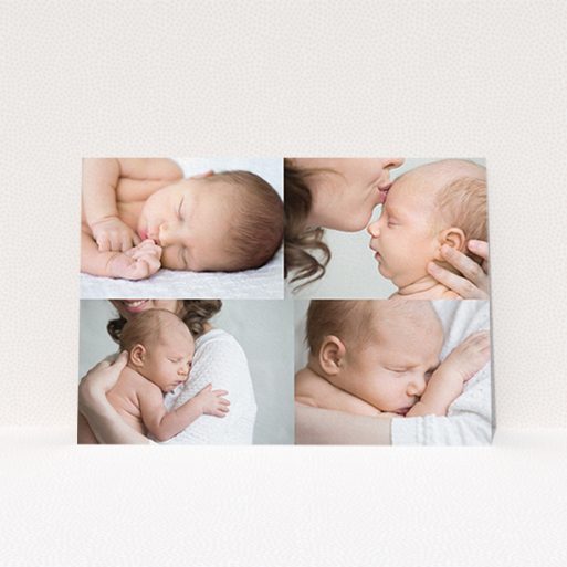 A baptism thank you card named "No Border Frames". It is an A6 card in a landscape orientation. It is a photographic baptism thank you card with room for 3 photos. "No Border Frames" is available as a flat card, with mainly white colouring.