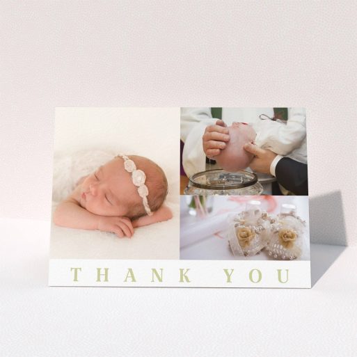 A baptism thank you card design titled "One and Two Half Frames". It is an A5 card in a landscape orientation. It is a photographic baptism thank you card with room for 3 photos. "One and Two Half Frames" is available as a folded card, with tones of white and gold.