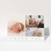 A baptism thank you card design titled "One and Two Half Frames". It is an A5 card in a landscape orientation. It is a photographic baptism thank you card with room for 3 photos. "One and Two Half Frames" is available as a folded card, with tones of white and gold.
