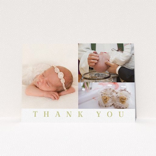 A baptism thank you card design titled "One and Two Half Frames". It is an A6 card in a landscape orientation. It is a photographic baptism thank you card with room for 3 photos. "One and Two Half Frames" is available as a flat card, with tones of white and gold.