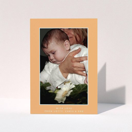 Baptism Thank You Card Design - "Orange and Mint" A baptism thank you card called "Orange and Mint". It is an A5 card in a portrait orientation. It is a photographic baptism thank you card with room for 1 photo. "Orange and Mint" is available as a folded card, with tones of orange and blue.