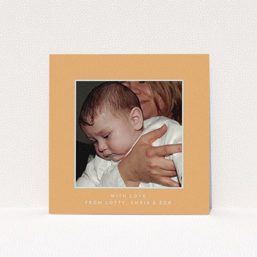 A baptism thank you card design called "Orange and Mint". It is a square (148mm x 148mm) card in a square orientation. It is a photographic baptism thank you card with room for 1 photo. "Orange and Mint" is available as a flat card, with tones of orange and blue.
