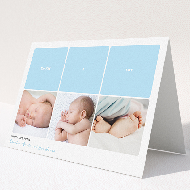 A baptism thank you card design called "Our Little One". It is an A5 card in a landscape orientation. It is a photographic baptism thank you card with room for 3 photos. "Our Little One" is available as a folded card, with tones of blue and white.