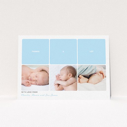 A baptism thank you card design called "Our Little One". It is an A6 card in a landscape orientation. It is a photographic baptism thank you card with room for 3 photos. "Our Little One" is available as a flat card, with tones of blue and white.