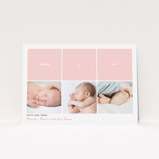 A baptism thank you card design titled "Our Little One". It is an A6 card in a landscape orientation. It is a photographic baptism thank you card with room for 3 photos. "Our Little One" is available as a flat card, with tones of pink and white.