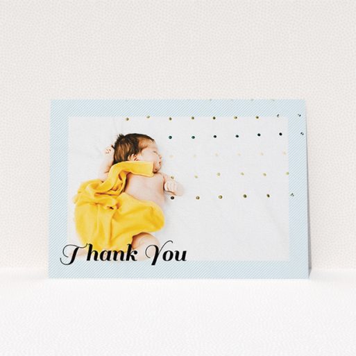 A baptism thank you card template titled "Pastel Diagonals". It is an A5 card in a landscape orientation. It is a photographic baptism thank you card with room for 1 photo. "Pastel Diagonals" is available as a flat card, with mainly blue colouring.