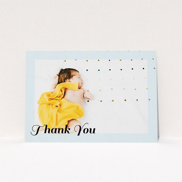 A baptism thank you card template titled "Pastel Diagonals". It is an A5 card in a landscape orientation. It is a photographic baptism thank you card with room for 1 photo. "Pastel Diagonals" is available as a flat card, with mainly blue colouring.