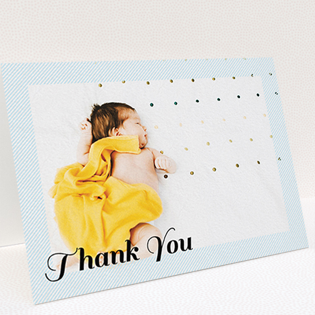 A baptism thank you card design called "Pastel Diagonals". It is an A6 card in a landscape orientation. It is a photographic baptism thank you card with room for 1 photo. "Pastel Diagonals" is available as a folded card, with mainly blue colouring.