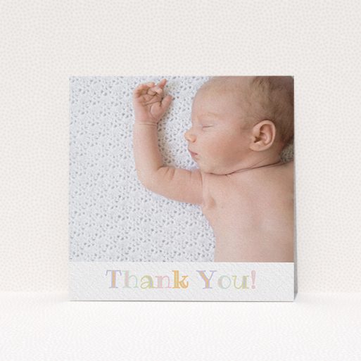 A baptism thank you card design called "Pastel Thank You". It is a square (148mm x 148mm) card in a square orientation. It is a photographic baptism thank you card with room for 1 photo. "Pastel Thank You" is available as a flat card, with tones of white and green.