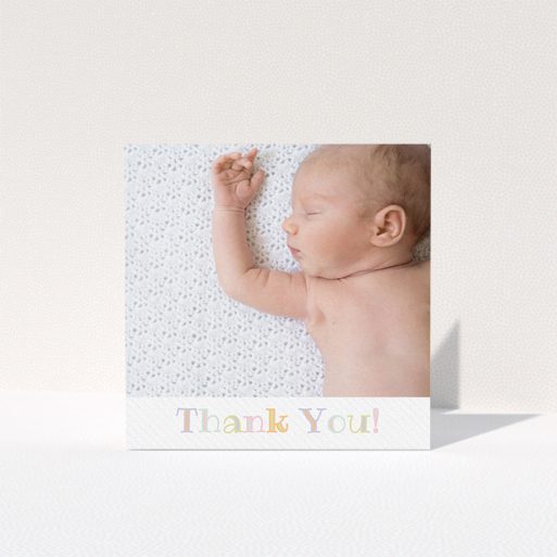 A baptism thank you card template titled "Pastel Thank You". It is a square (148mm x 148mm) card in a square orientation. It is a photographic baptism thank you card with room for 1 photo. "Pastel Thank You" is available as a folded card, with tones of white and green.