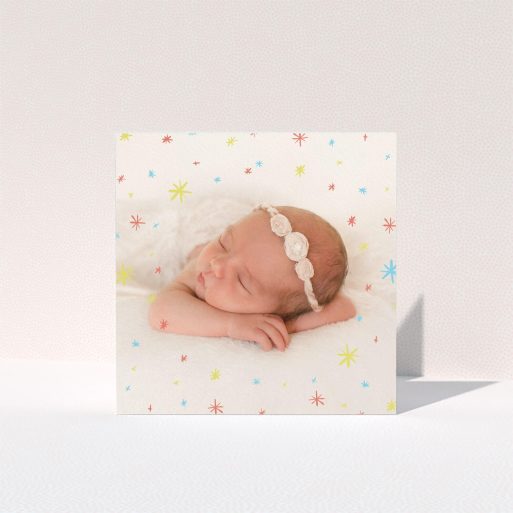 Baptism Thank You Card Design - "Playground Sparkles" A baptism thank you card design titled "Playground Sparkles". It is a square (148mm x 148mm) card in a square orientation. It is a photographic baptism thank you card with room for 1 photo. "Playground Sparkles" is available as a folded card, with mainly white colouring.