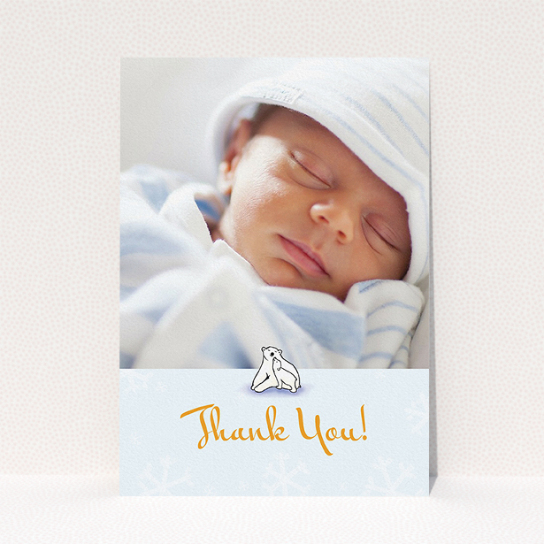 A baptism thank you card template titled "Polar Picture". It is an A5 card in a portrait orientation. It is a photographic baptism thank you card with room for 1 photo. "Polar Picture" is available as a flat card, with tones of blue and white.