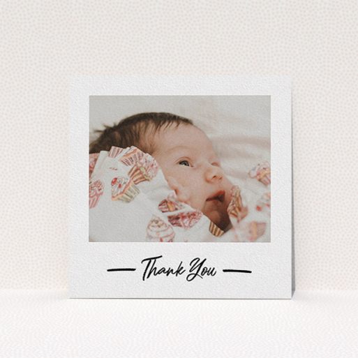 A baptism thank you card design named "Portrait Thank You Photo". It is a square (148mm x 148mm) card in a square orientation. It is a photographic baptism thank you card with room for 1 photo. "Portrait Thank You Photo" is available as a flat card, with mainly white colouring.