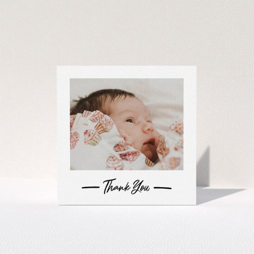 A baptism thank you card called "Portrait Thank You Photo". It is a square (148mm x 148mm) card in a square orientation. It is a photographic baptism thank you card with room for 1 photo. "Portrait Thank You Photo" is available as a folded card, with mainly white colouring.