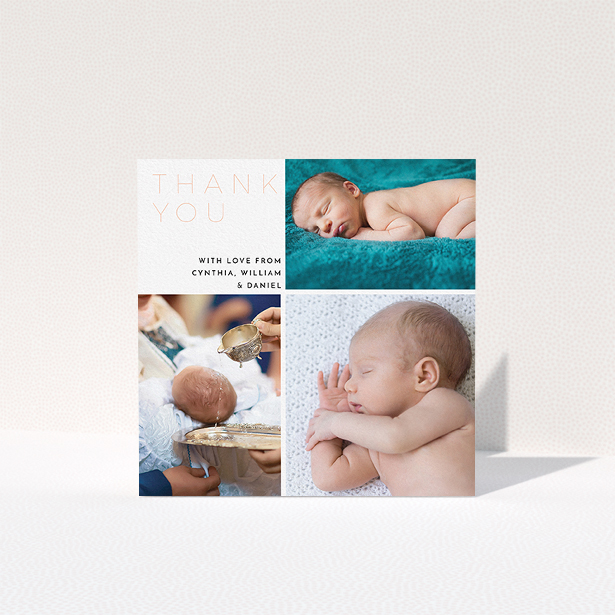 A baptism thank you card design titled "Quarter Frames". It is a square (148mm x 148mm) card in a square orientation. It is a photographic baptism thank you card with room for 3 photos. "Quarter Frames" is available as a folded card, with tones of white and pink.