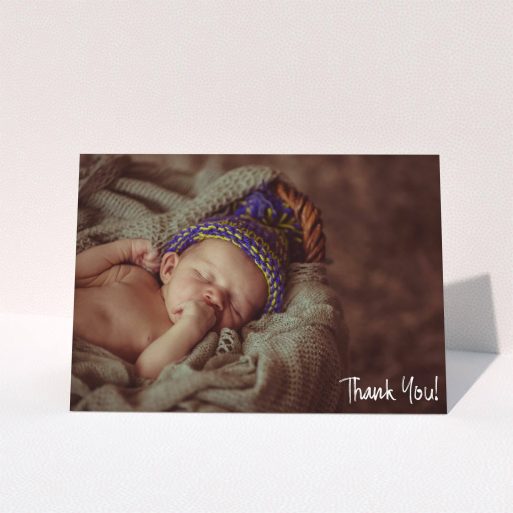 A baptism thank you card design titled "Rough but Simple Photo". It is an A5 card in a landscape orientation. It is a photographic baptism thank you card with room for 1 photo. "Rough but Simple Photo" is available as a folded card, with mainly white colouring.