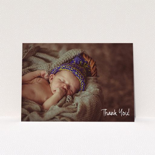 A baptism thank you card design titled "Rough but Simple Photo". It is an A6 card in a landscape orientation. It is a photographic baptism thank you card with room for 1 photo. "Rough but Simple Photo" is available as a flat card, with mainly white colouring.