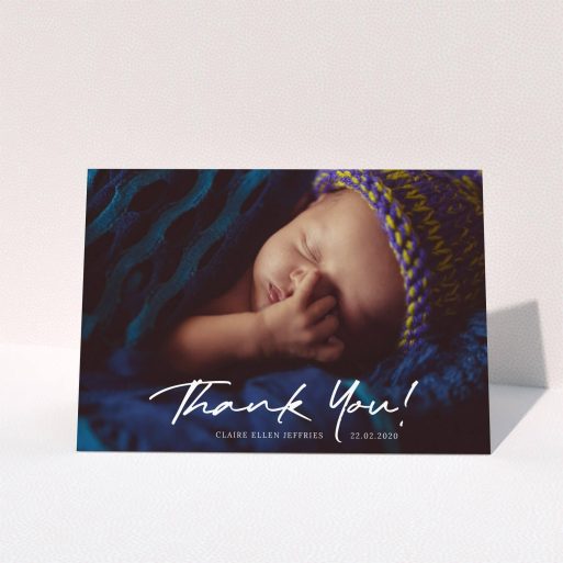 Baptism Thank You Card Design - "Simple Appreciation" A baptism thank you card called "Simple Appreciation". It is an A5 card in a landscape orientation. It is a photographic baptism thank you card with room for 1 photo. "Simple Appreciation" is available as a folded card, with mainly white colouring.