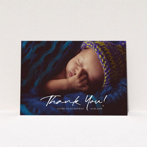 A baptism thank you card called "Simple Appreciation". It is an A6 card in a landscape orientation. It is a photographic baptism thank you card with room for 1 photo. "Simple Appreciation" is available as a flat card, with mainly white colouring.