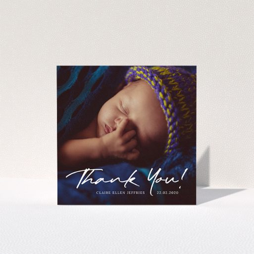 A baptism thank you card design named "Simple Appreciation". It is a square (148mm x 148mm) card in a square orientation. It is a photographic baptism thank you card with room for 1 photo. "Simple Appreciation" is available as a folded card, with mainly white colouring.