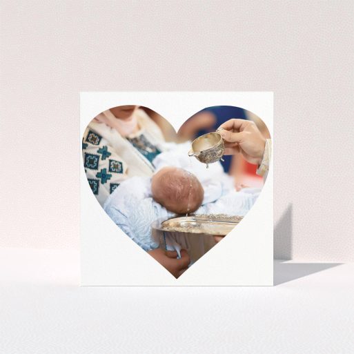 Baptism Thank You Card Design - "Simple Heart Frames" A baptism thank you card design named "Simple Heart Frames". It is a square (148mm x 148mm) card in a square orientation. It is a photographic baptism thank you card with room for 1 photo. "Simple Heart Frames" is available as a folded card, with mainly white colouring.