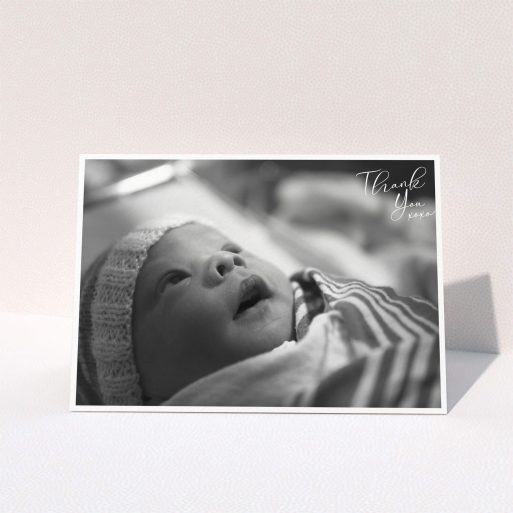 Baptism Thank You Card Design - "Simple Landscape Thanks" A baptism thank you card design titled "Simple Landscape Thanks". It is an A5 card in a landscape orientation. It is a photographic baptism thank you card with room for 1 photo. "Simple Landscape Thanks" is available as a folded card, with mainly white colouring.