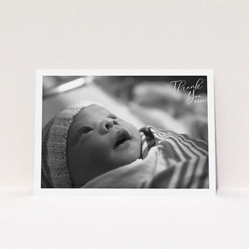 A baptism thank you card design titled "Simple Landscape Thanks". It is an A6 card in a landscape orientation. It is a photographic baptism thank you card with room for 1 photo. "Simple Landscape Thanks" is available as a flat card, with mainly white colouring.