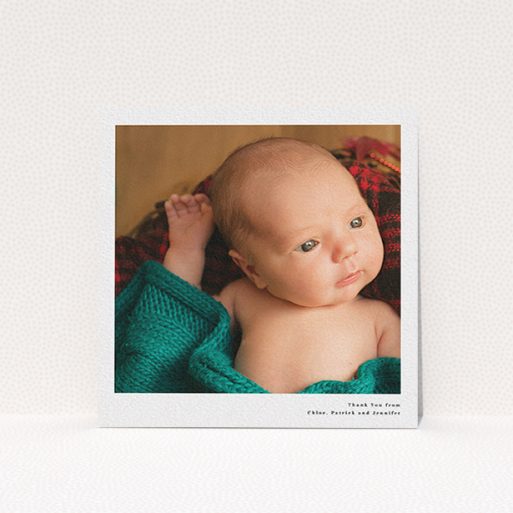A baptism thank you card called "Simple Portrait". It is a square (148mm x 148mm) card in a square orientation. It is a photographic baptism thank you card with room for 1 photo. "Simple Portrait" is available as a flat card, with mainly white colouring.