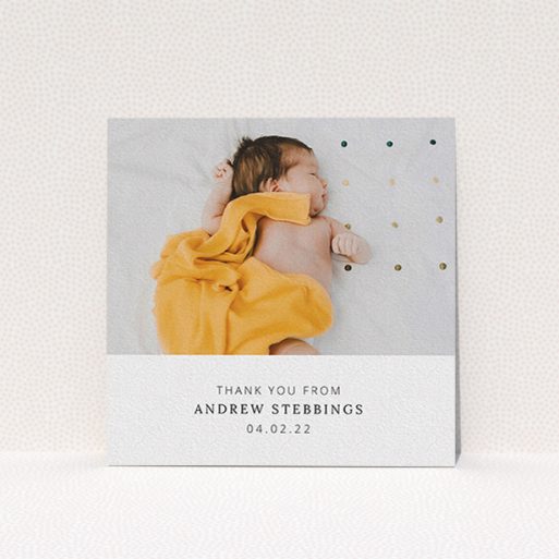 A baptism thank you card design titled "Simple, Portrait Thank You". It is a square (148mm x 148mm) card in a square orientation. It is a photographic baptism thank you card with room for 1 photo. "Simple, Portrait Thank You" is available as a flat card, with mainly white colouring.