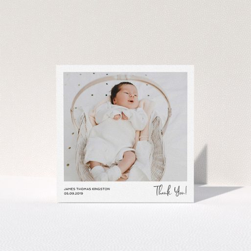 A baptism thank you card template titled "Simple Wedding Thank You". It is a square (148mm x 148mm) card in a square orientation. It is a photographic baptism thank you card with room for 1 photo. "Simple Wedding Thank You" is available as a folded card, with mainly white colouring.